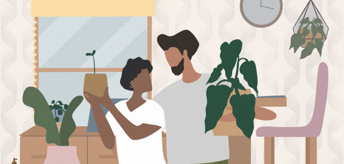 illustration man woman in kitchen with plants