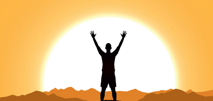 illustration man holding up arms at sunrise