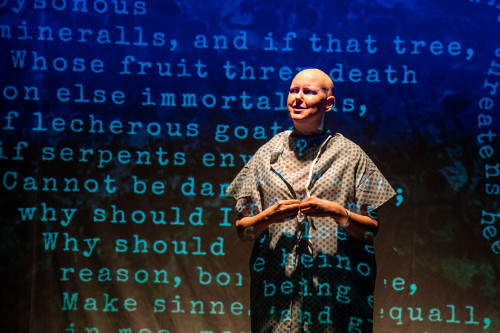 Erin Cronican playing the role of Vivian Bearing, PhD, in Wit at The Seeing Place Theatre