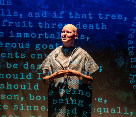 Erin Cronican playing the role of Vivian Bearing, PhD, in Wit at The Seeing Place Theatre