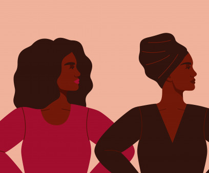 Three strong African women stand together. Concept of fighting for equality and female empowerment movement.