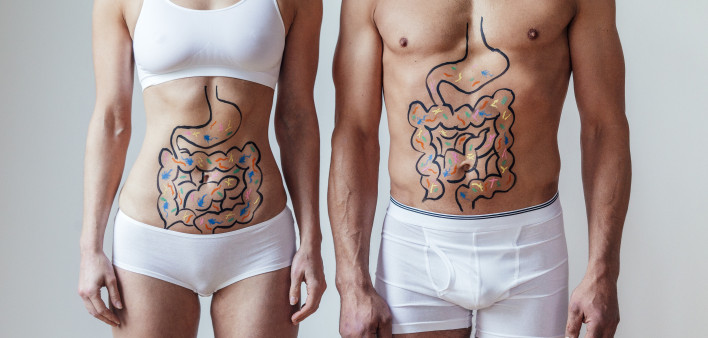 microbiome woman man intestines drawn on stomachs