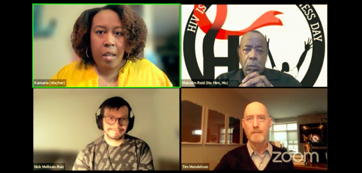 Clockwise from top left: Kamaria Laffrey, Malcolm Reid, Tim Mendelson and Nick Melloan-Ruiz discuss the launch of HIV Criminalization Awareness Day (HCAD) 2022.