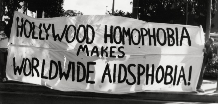 Action banner outside the Oscars ceremony, 1991