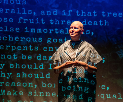 Erin Cronican playing the role of Vivian Bearing, PhD, in Wit at The Seeing Place Theatre