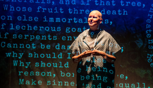 Erin Cronican playing the role of Vivian Bearing, PhD, in Wit at The Seeing Place Theatre