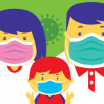 Boy and parents wearing face masks stock illustration