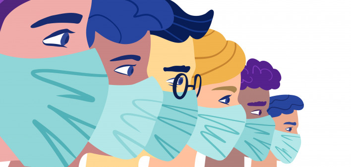 A group of people wearing a protective medical mask to prevent coronavirus.