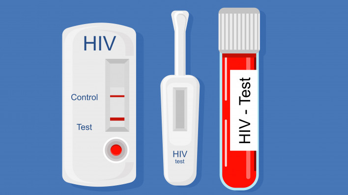 Express HIV self-test kit illustration with Laboratory tube with blood.Different types of medical tools