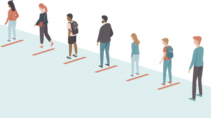 People ceeping distance in the queue. Social distancing for coronavirus COVID-1