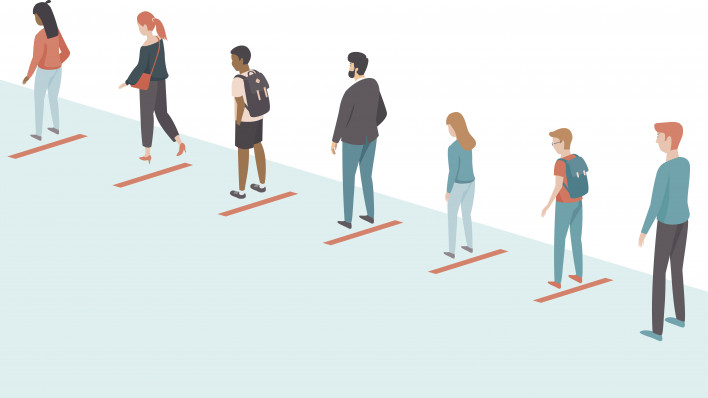 People ceeping distance in the queue. Social distancing for coronavirus COVID-1