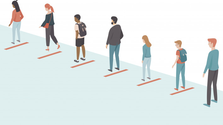 People ceeping distance in the queue. Social distancing for coronavirus COVID-1
