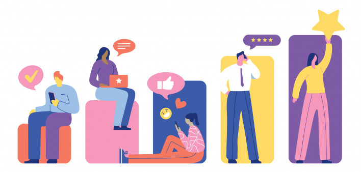 illustration people using social media with icons