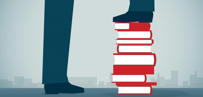 illustration tall legs and short legs standing on books