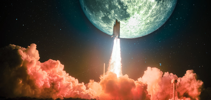 spacship blazes into the moon mission.