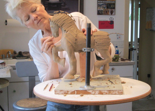 Shelley Kerr working on her Trojan horse sculpture, Breakthrough