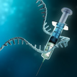 Coronavirus or sars-cov-2 virus cell with messenger RNA or mRNA and syringe