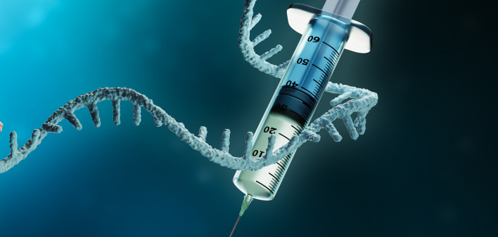 Coronavirus or sars-cov-2 virus cell with messenger RNA or mRNA and syringe
