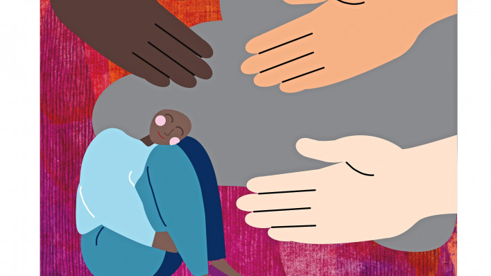illustration of hands reaching toward sick woman