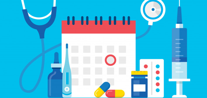 Medical exam. Vector illustration. Medical test, scheduled medical examination concepts. Flat design. Calendar with red circle date, bottle of pills, capsules, syringe, stethoscope and thermometer