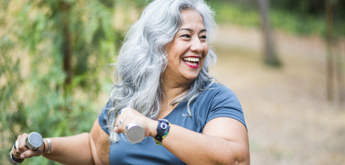 A Mature Mexican Woman Working Out laughing