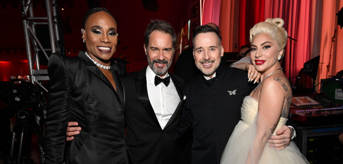 From left: Billy Porter, Eric McCormack, David Furnish and Lady Gaga cohost the Elton John AIDS Foundation’s Academy Awards fundraiser