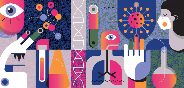 Vector illustration with a touch of 80’s style depicting COVID-19 concept