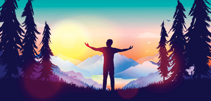Silhouette of man outstretched arms sunrise mountains illustraion