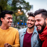 three friends young men laughing fun