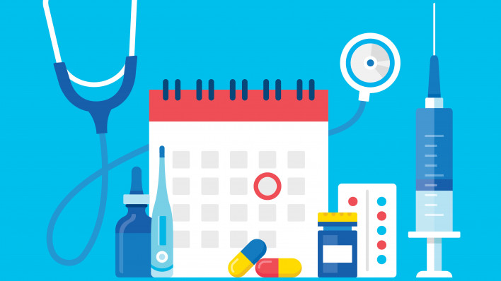 Medical exam. Vector illustration. Medical test, scheduled medical examination concepts. Flat design. Calendar with red circle date, bottle of pills, capsules, syringe, stethoscope and thermometer