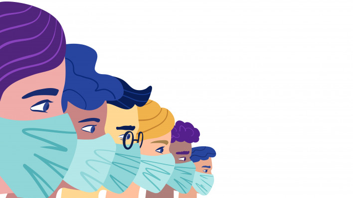A group of people wearing a protective medical mask to prevent coronavirus.