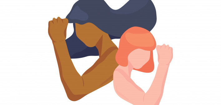 illustration two women figures flexing strong arms