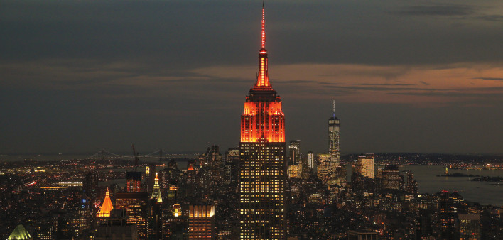 new york skyline at night red Empire State Building