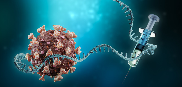 Coronavirus or sars-cov-2 virus cell with messenger RNA or mRNA and syringe