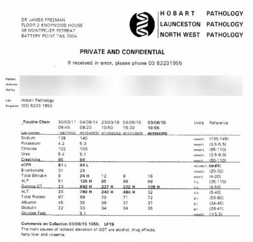 These are my liver enzyme test results from before I started treatment until after I completed treatment. The changes show the benefits of diet and lifestyle changes and of antiviral treatment of Hep C.