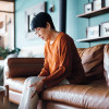 sad asian woman sitting on a couch