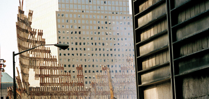 Steel Skeleton of World Trade Center Tower South (one) in Ground Zero days after September 11, 2001 terrorist attack which collapsed the 110 story twin towers in New York City, NY, USA.