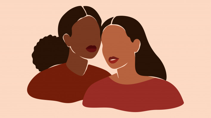 Two beautiful black women stand together. Strong African American girls side by side. Sisterhood and females friendship.