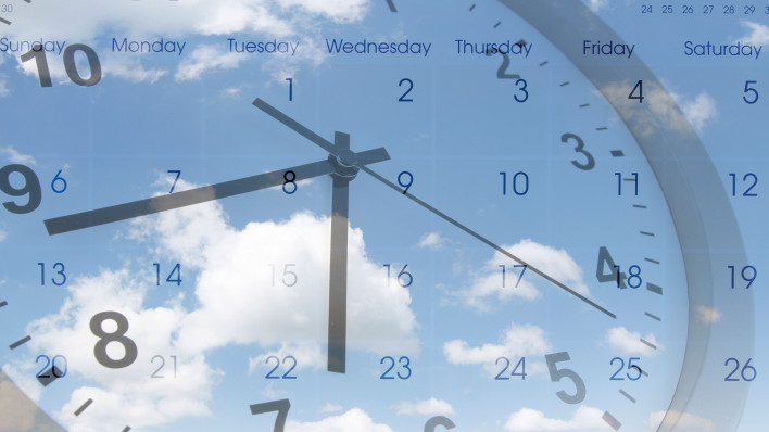 photo collage of clock, calendar and clouds