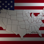 Map of United States of America on national flag background