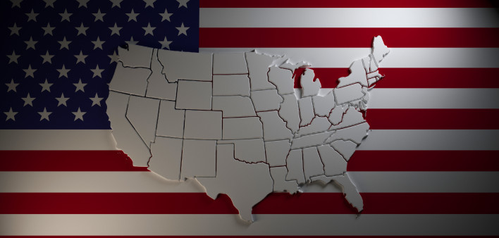 Map of United States of America on national flag background