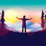 Silhouette of man outstretched arms sunrise mountains illustraion