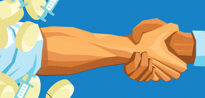 illustration addiction hand pulls another from a pile of pills and syringes