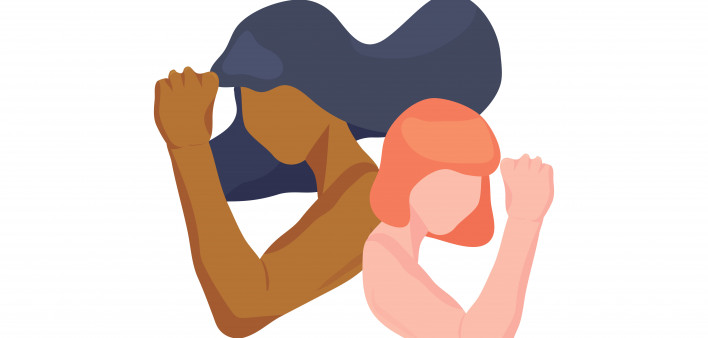 illustration two women figures flexing strong arms