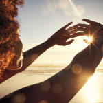woman sun rise hands out happy