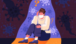 A person who is afraid of being infected with COVID-19. He suffers from depression, panic and fear. Self-isolation and loneliness destroy his personality.