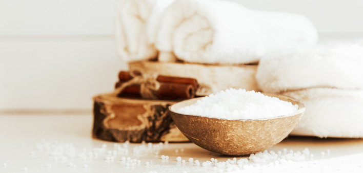Beautiful spa composition on wooden table.
