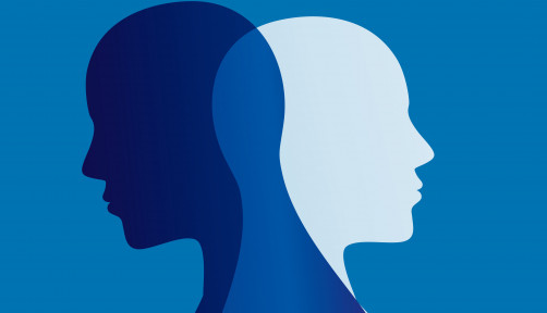 Two faces silhouette in profile that intersect. Double personality concept. Metaphor bipolar mental disorder