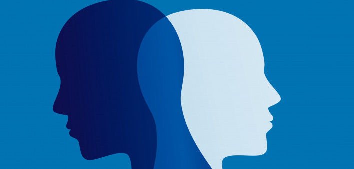 Two faces silhouette in profile that intersect. Double personality concept. Metaphor bipolar mental disorder
