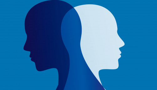 Two faces silhouette in profile that intersect. Double personality concept. Metaphor bipolar mental disorder